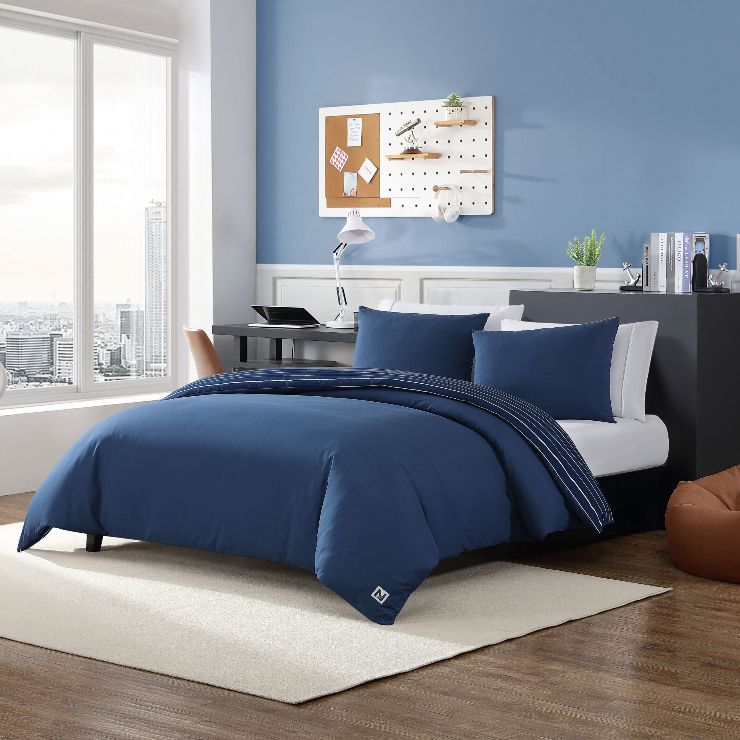 【unico】NEVEL ネイビーラグ (140×200cm) Longdale Solid Stripe Navy Twin Reversible Duvet Cover & Sham Set