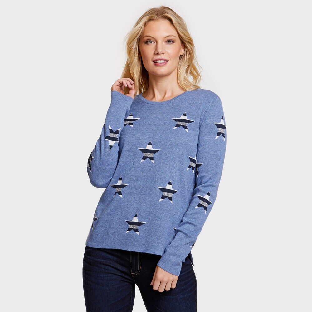 Striped Stars Intarsia Crewneck Sweater,Aquabreeze,large