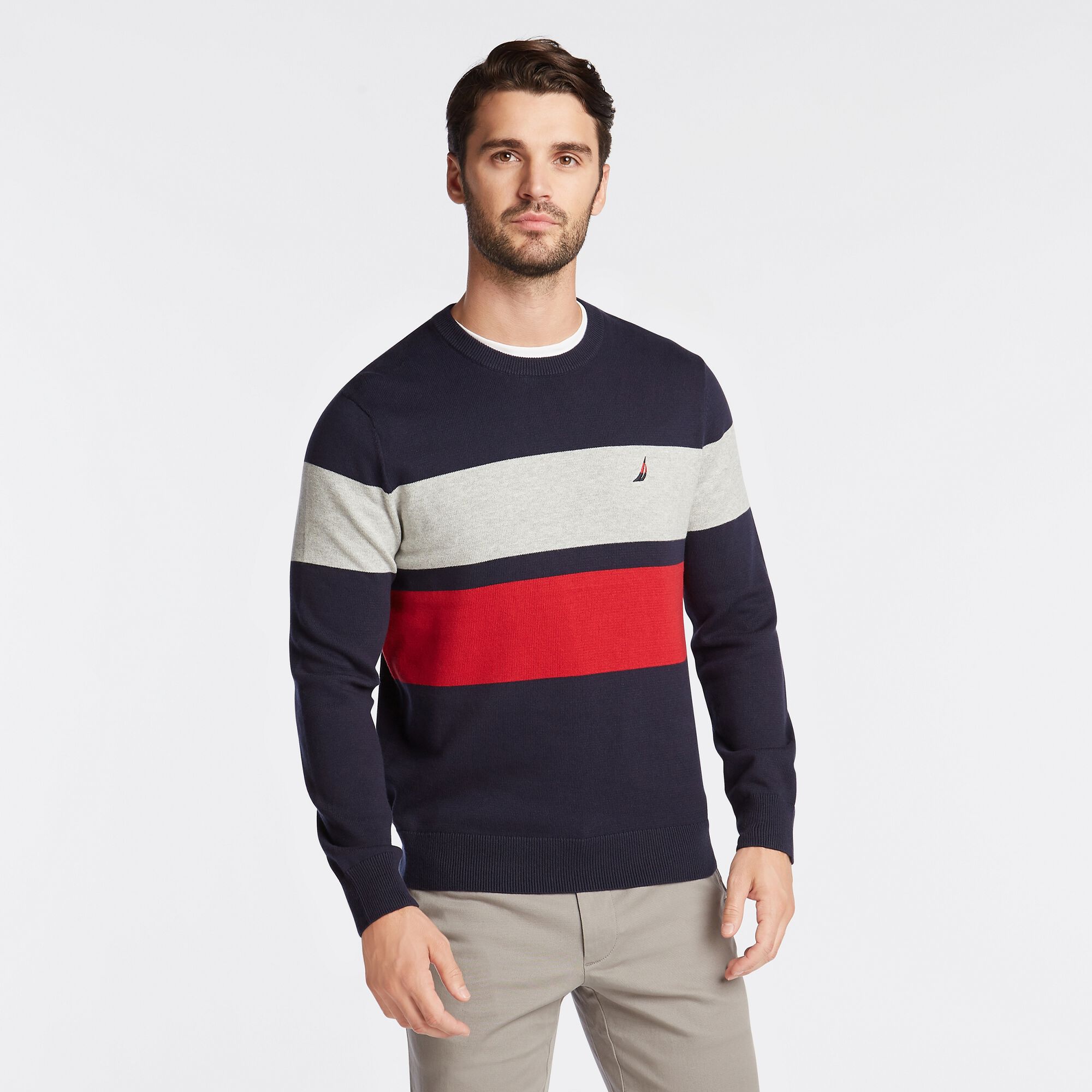 BLOCK STRIPE CREWNECK SWEATER,Navy,large