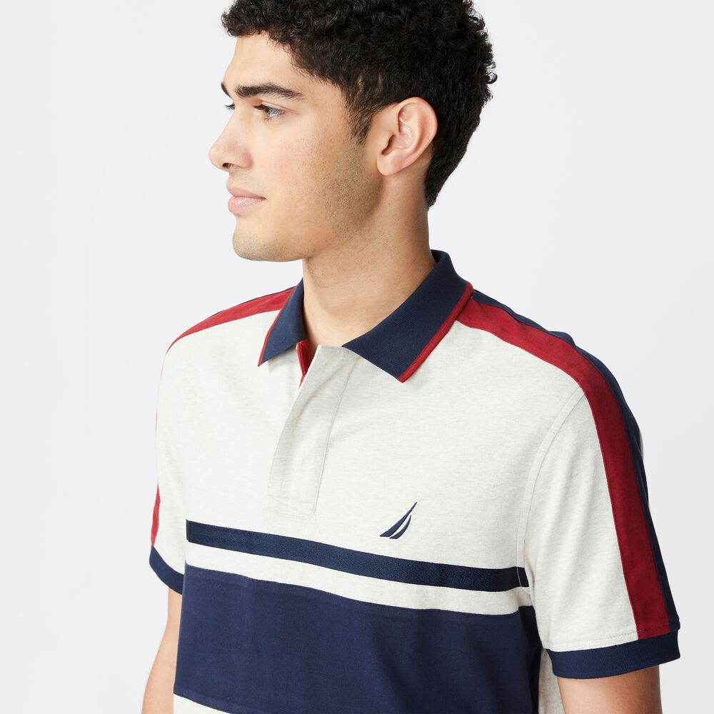 CLASSIC FIT COLORBLOCK STRIPE-SLEEVE POLO,Oatmeal Heather,large