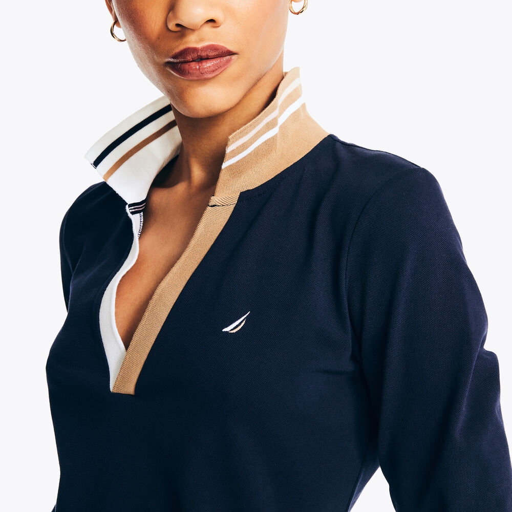 Sustainably Crafted Long-Sleeve Polo Dress,Stellar Blue Heather,large