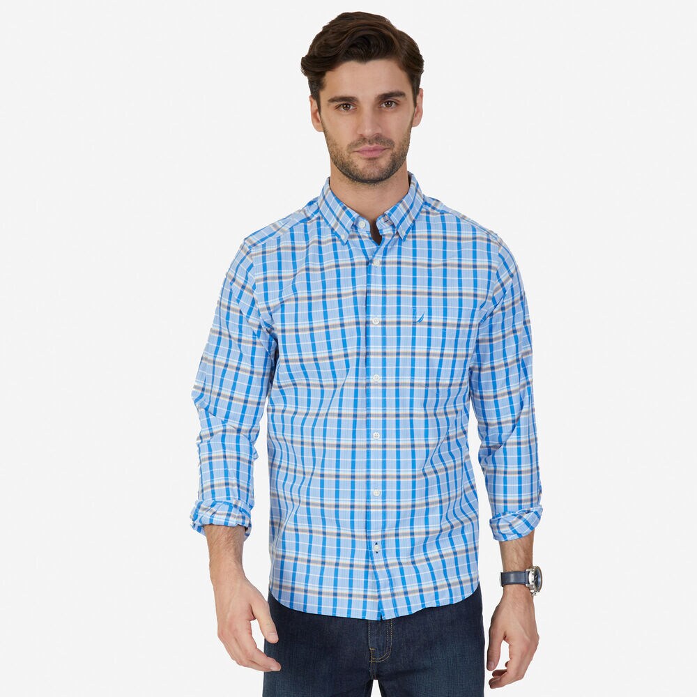Classic Fit Skies Plaid Shirt,Clear Sky Blue,large