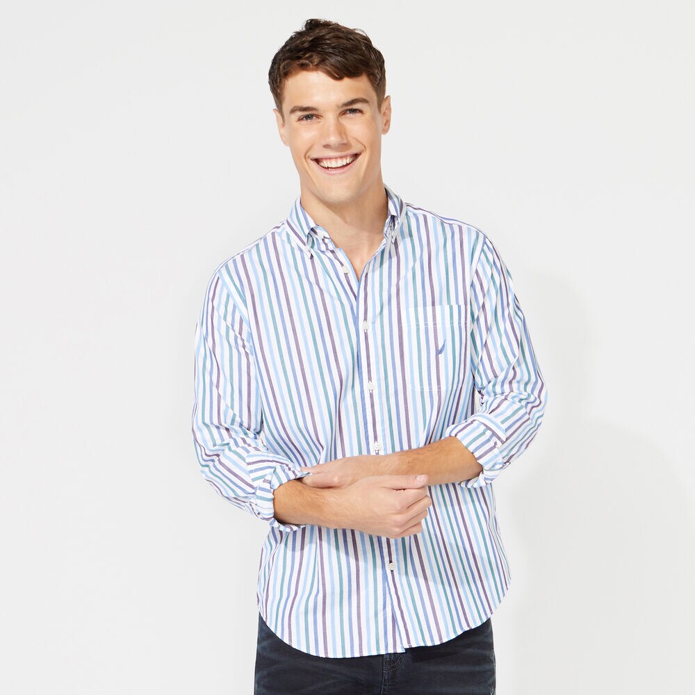 CLASSIC FIT LONG SLEEVE MULTICOLOR STRIPE SHIRT,Bright White,large