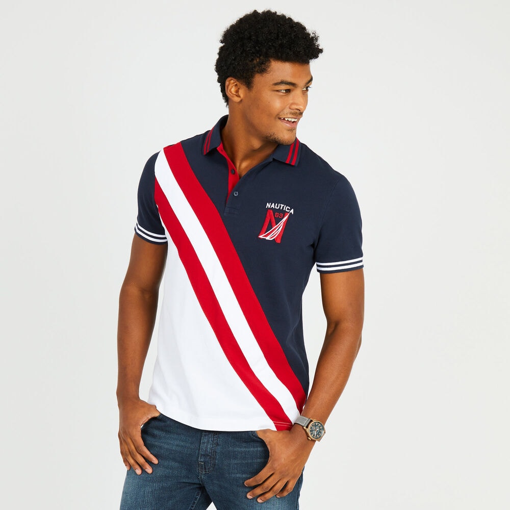 Slim Fit Diagonal Stripe Logo Polo Shirt,Navy,large