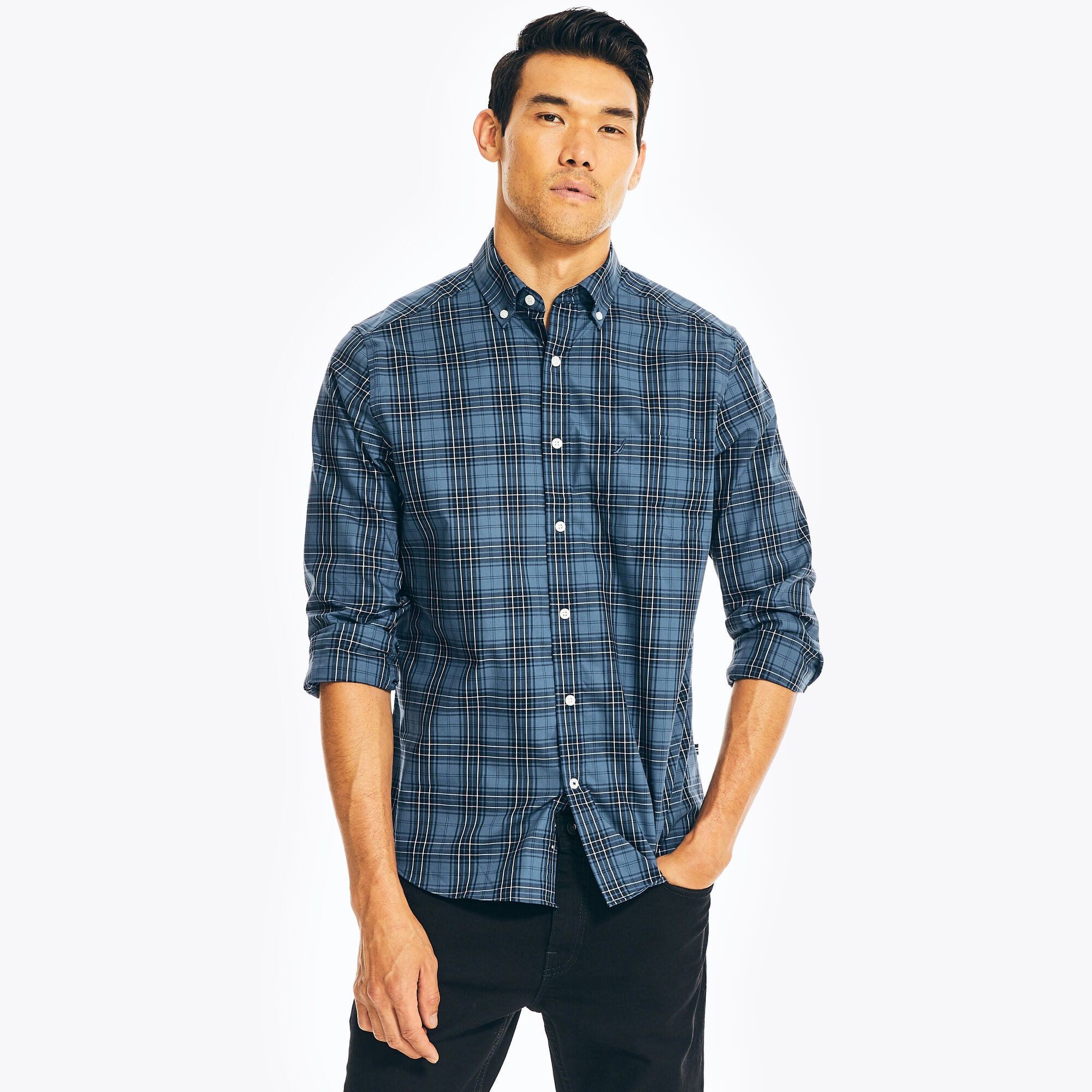 Classic Fit Wrinkle-Resistant Plaid Shirt,Ensign Blue,large