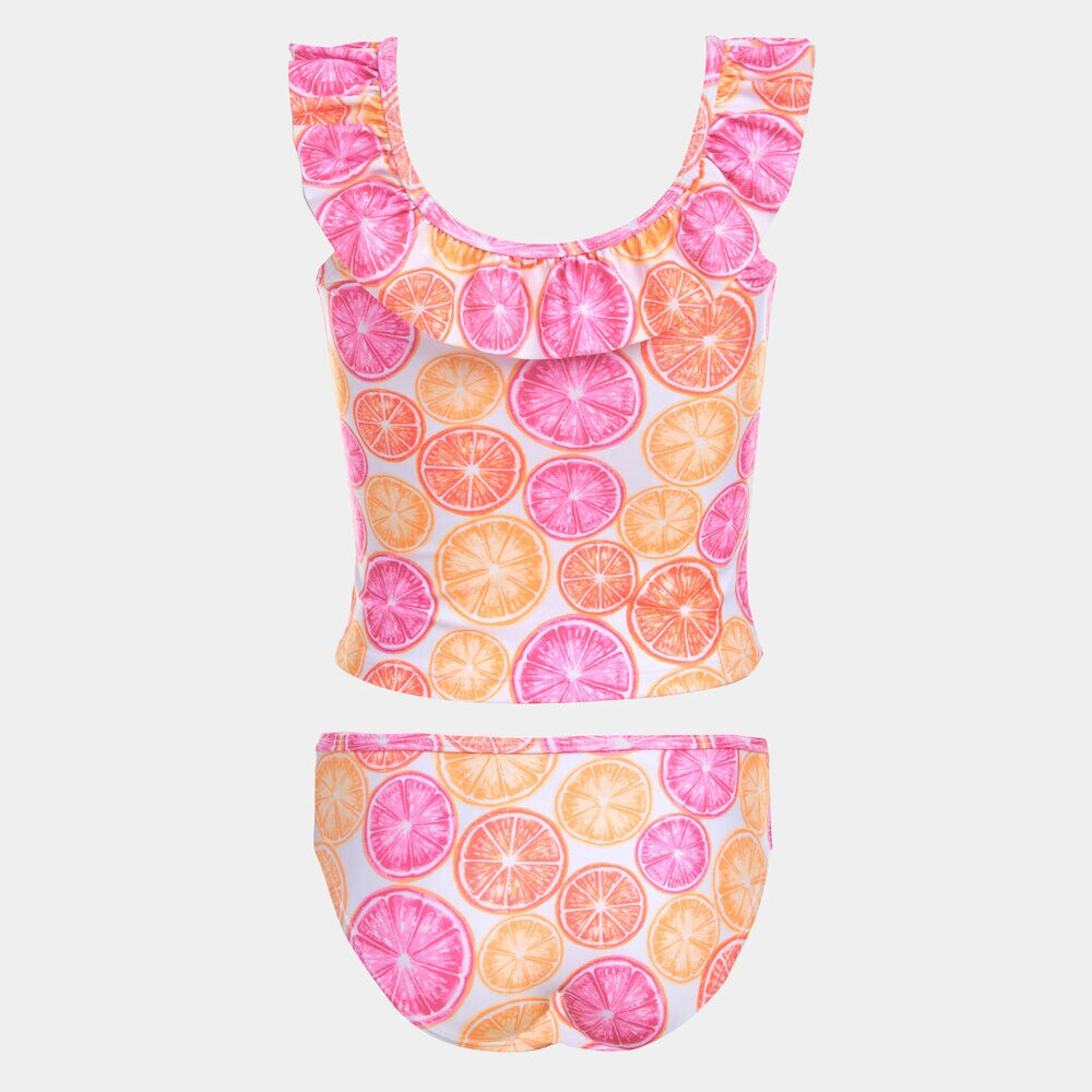 GIRLS' RUFFLED CITRUS PRINT TANKINI SWIMSUIT (8-20),Vibrant Orange,large
