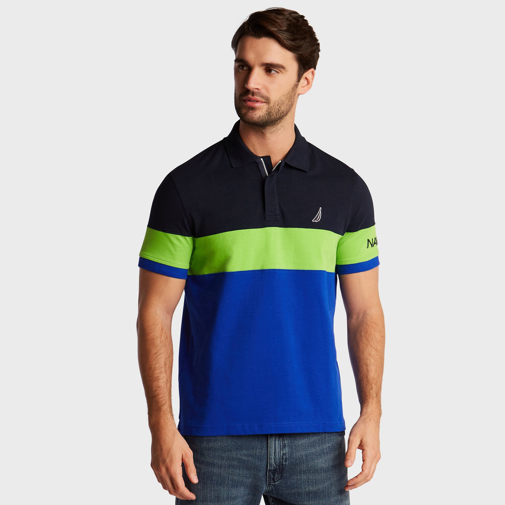 Quarter-Zip Classic Fit Short Sleeve Chest Stripe Polo,Bright Cobalt,large