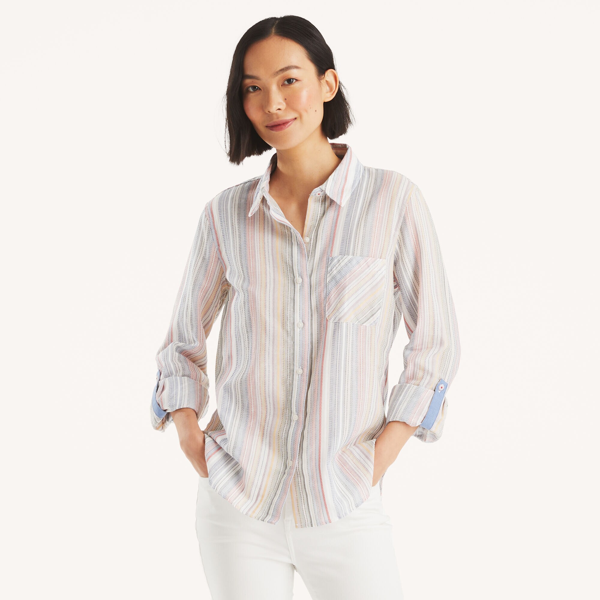 Striped Button-Up Shirt,Pink,large