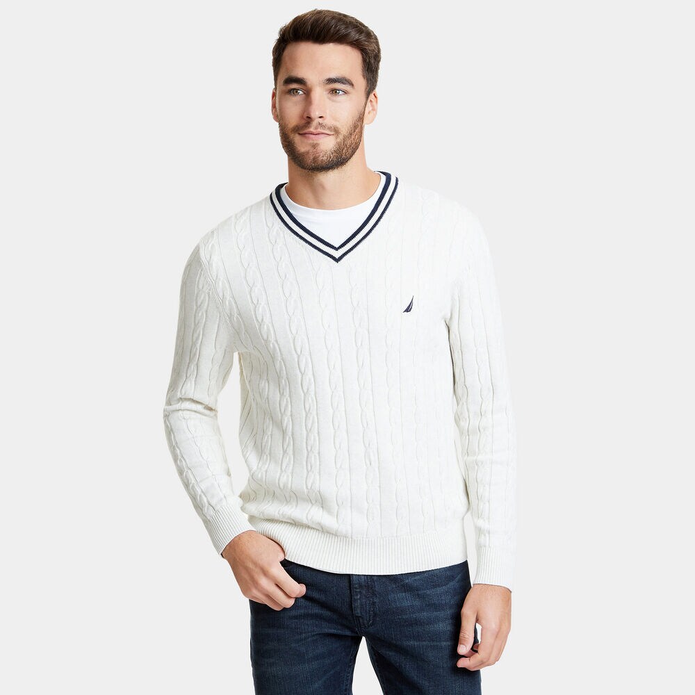 The Varsity Cable-Knit V-Neck Sweater,Wheat Flax,large