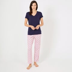 Solid Tee + Floral Paisley Pants PJ Set,Pale Pink,large