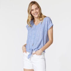 STRIPE TIE FRONT SHIRT,Reef Blue,large