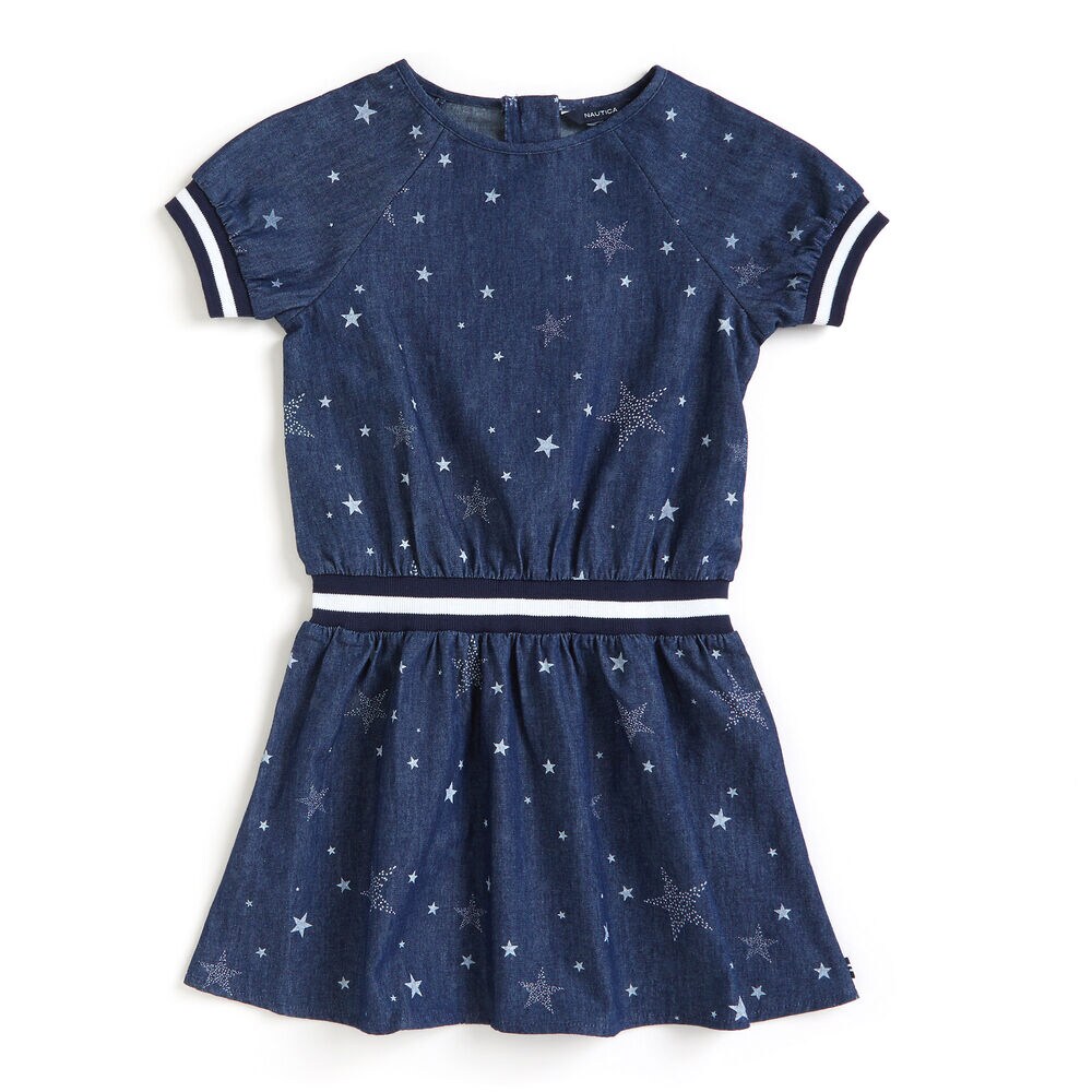 Toddler Girls' Chambray Star Motif Dress (2T-4T),South Beach Aqua,large