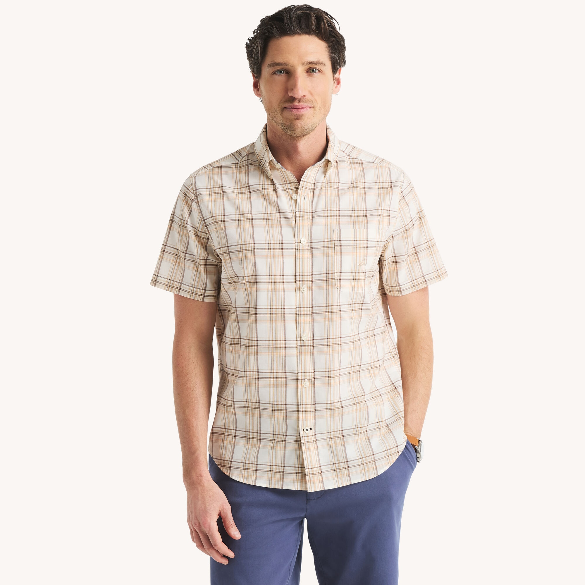 Plaid Short-Sleeve Shirt,Sail White,large