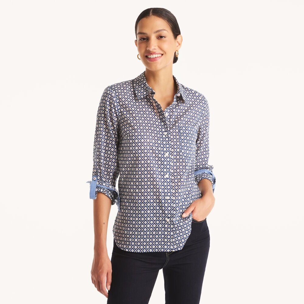 Printed Button-Up Shirt,Navy,large