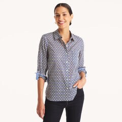 Printed Button-Up Shirt,Navy,large