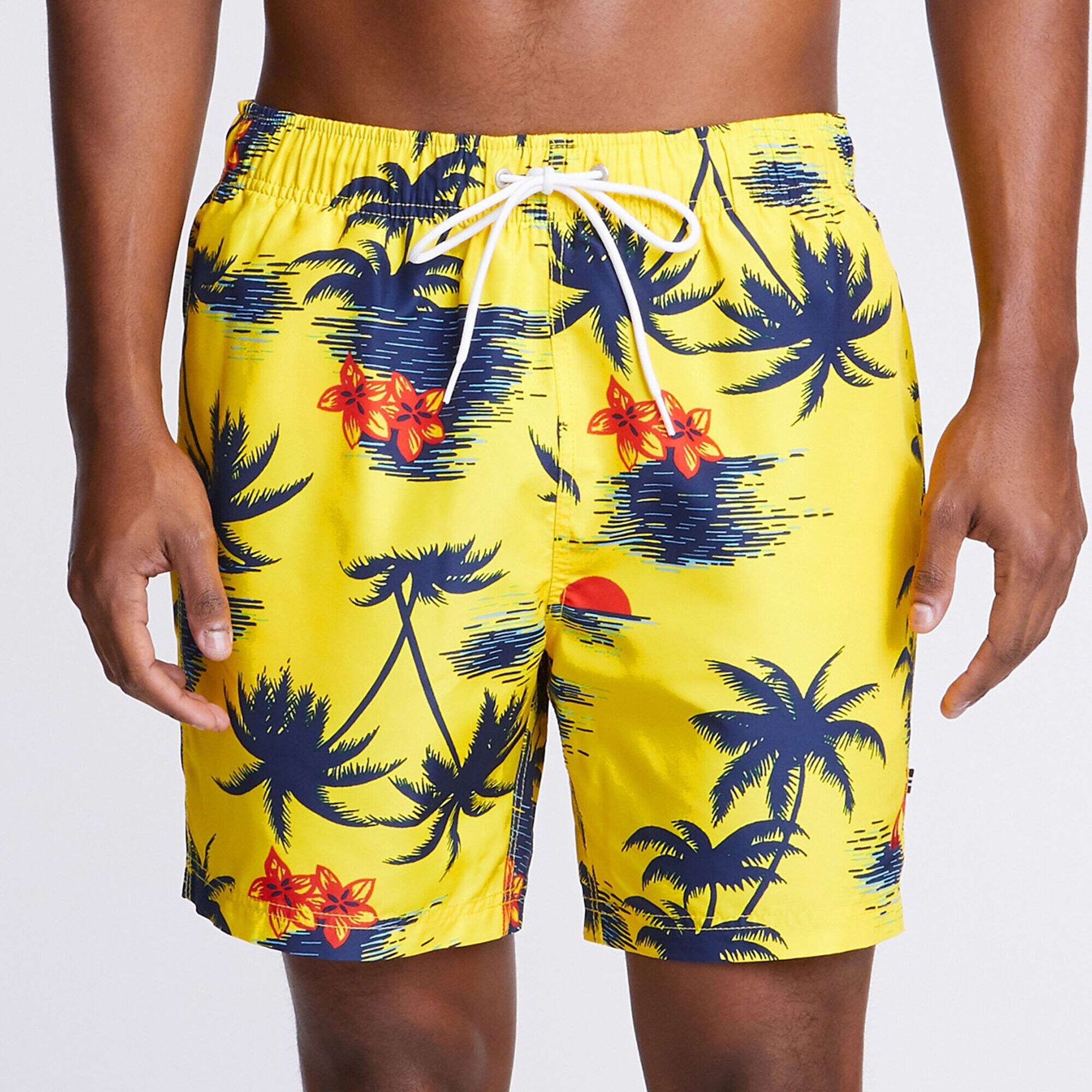 6" Hawaiian Palm Motif Full-Elastic Swim Shorts,Yellow Zest,large