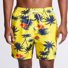 6" Hawaiian Palm Motif Full-Elastic Swim Shorts,Yellow Zest,large