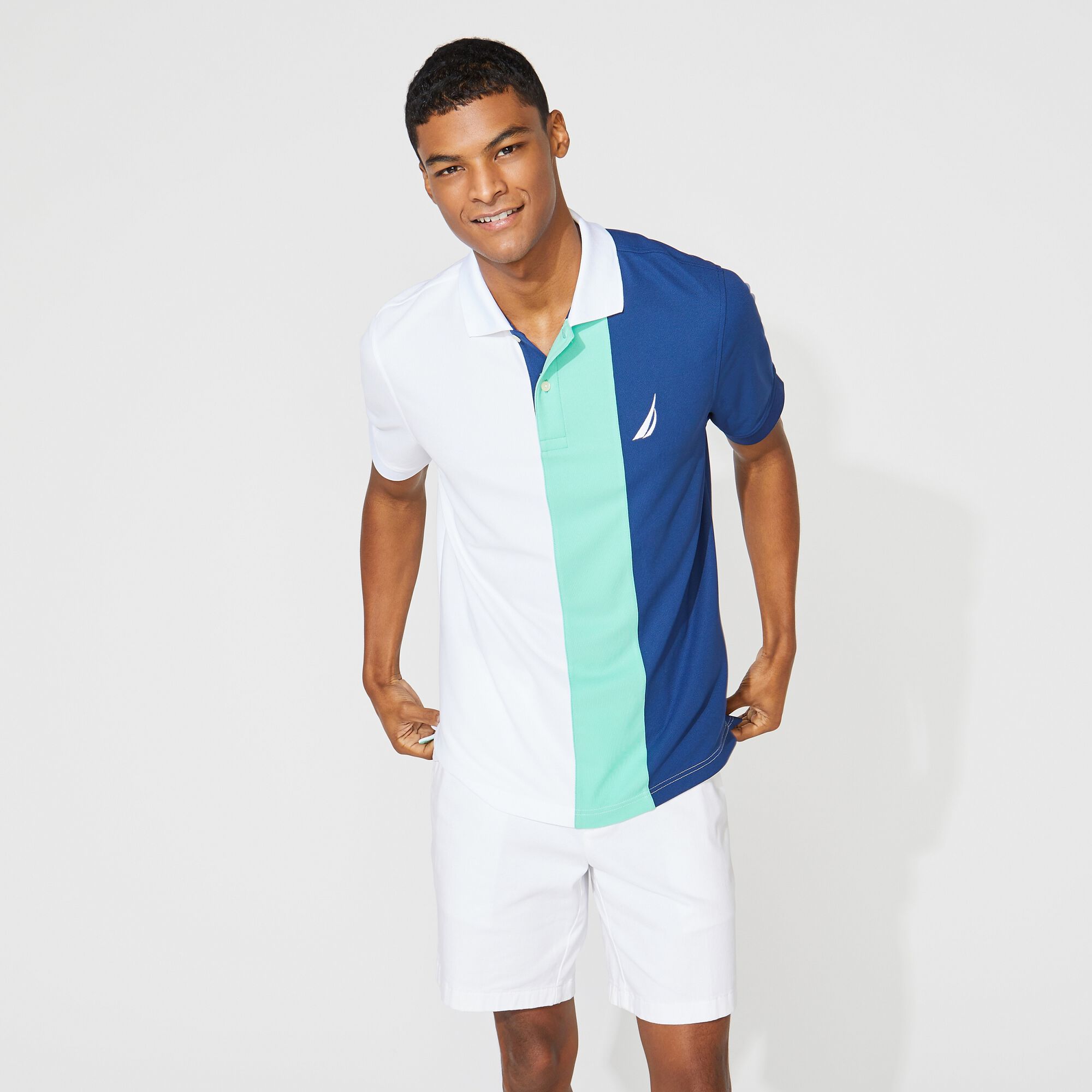 CLASSIC FIT NAVTECH COLORBLOCK-SLEEVE POLO,Bright White,large