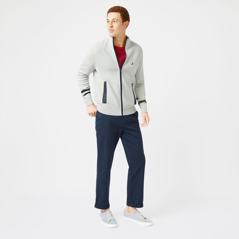 STRIPE-SLEEVE FULL-ZIP SWEATER,Grey Heather,large