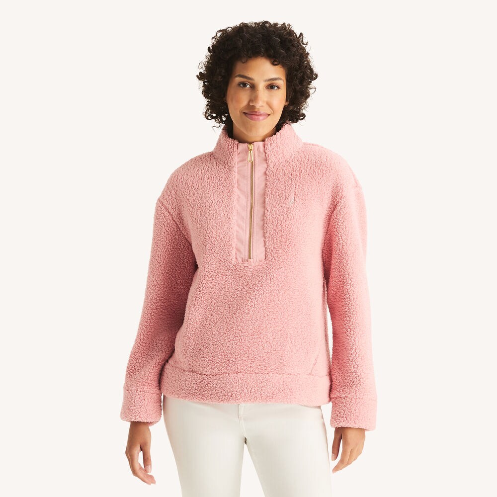 Quarter-Zip Faux Shearling Pullover,Sunguard Red,large