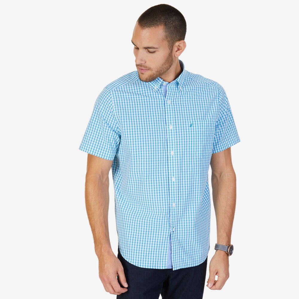 Gingham Plaid Classic Fit Short Sleeve Button Down Shirt,Bali Bliss,large