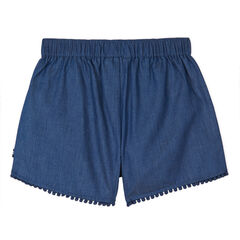 GIRLS' PULL ON EMBROIDERED CHAMBRAY SHORTS,Ocean Blue,large