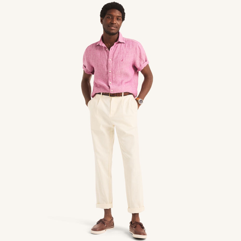Solid Linen Short-Sleeve Shirt,Aren/Mauve,large