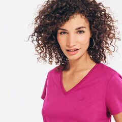 Solid V-Neck T-Shirt,Fancytail Fuschia,large