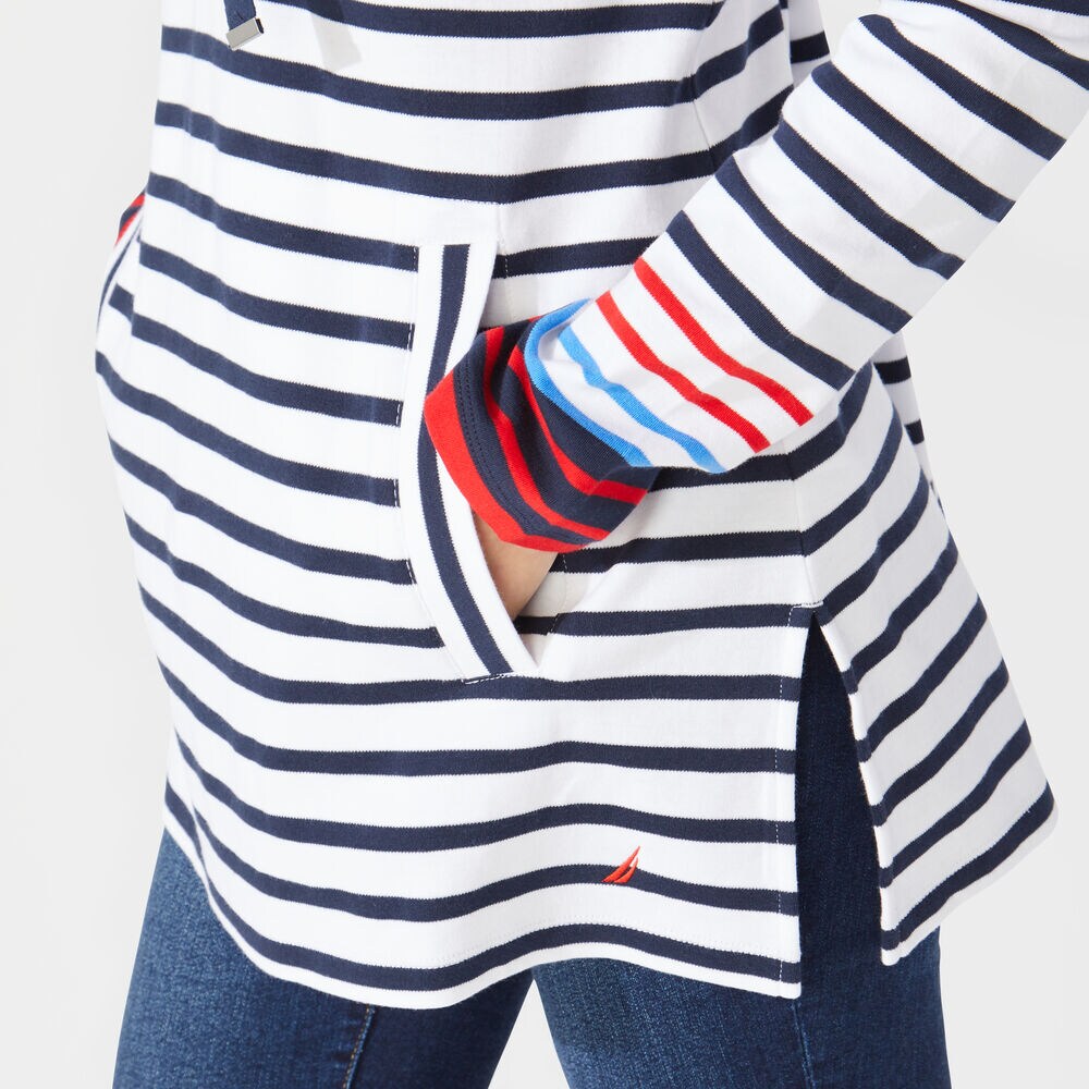 STRIPED SPLIT NECK PULLOVER HOODIE,Stellar Blue Heather,large