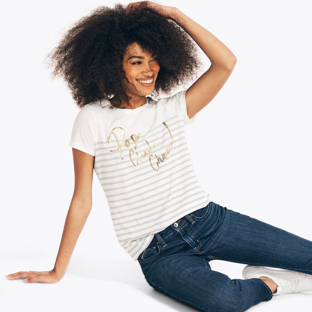 POP CLINK CHEERS STRIPED T-SHIRT,Marshmallow,large