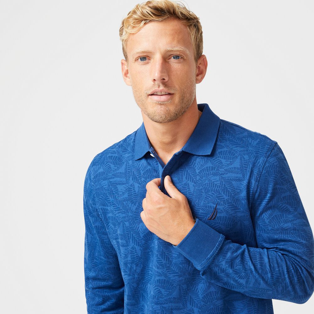 CLASSIC FIT LEAF PRINT LONG-SLEEVE POLO,Pure Adriatic Sea Wash,large