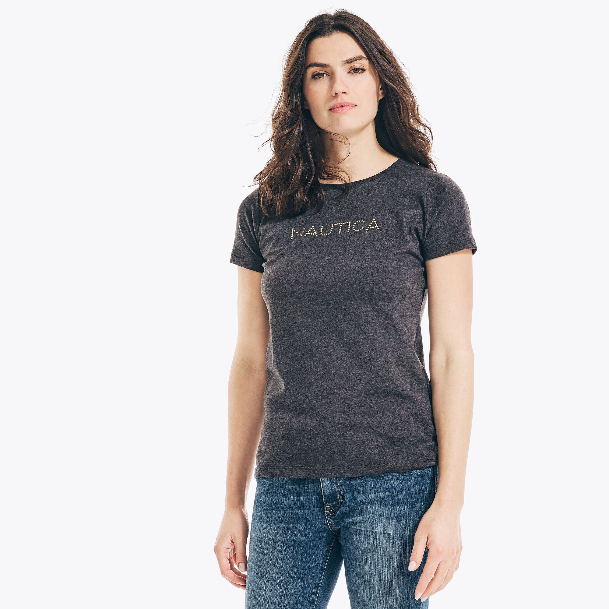 Studded Logo Crewneck T-Shirt,Charcoal Heather,large