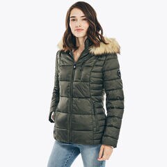 FAUX-FUR TRIMMED HOODED PUFFER,Teal Wave,large