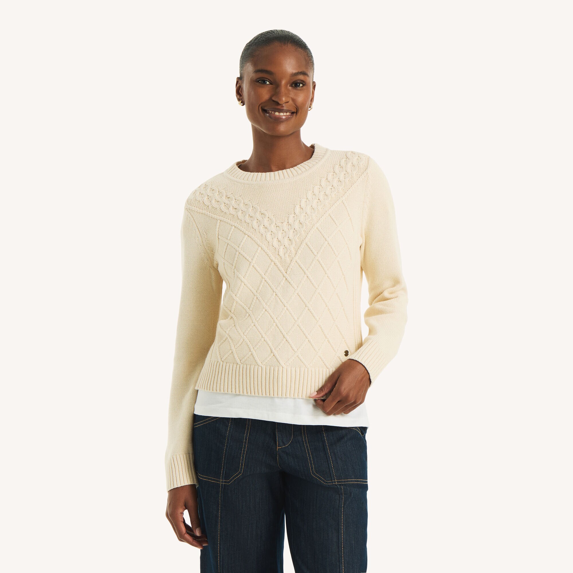 Cable Crewneck Sweater,Twig,large