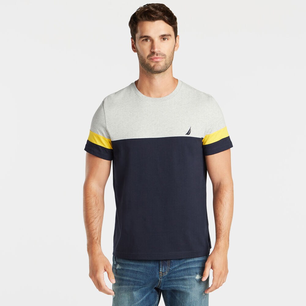 PIECED COLORBLOCK CREWNECK TEE,Grey Heather,large