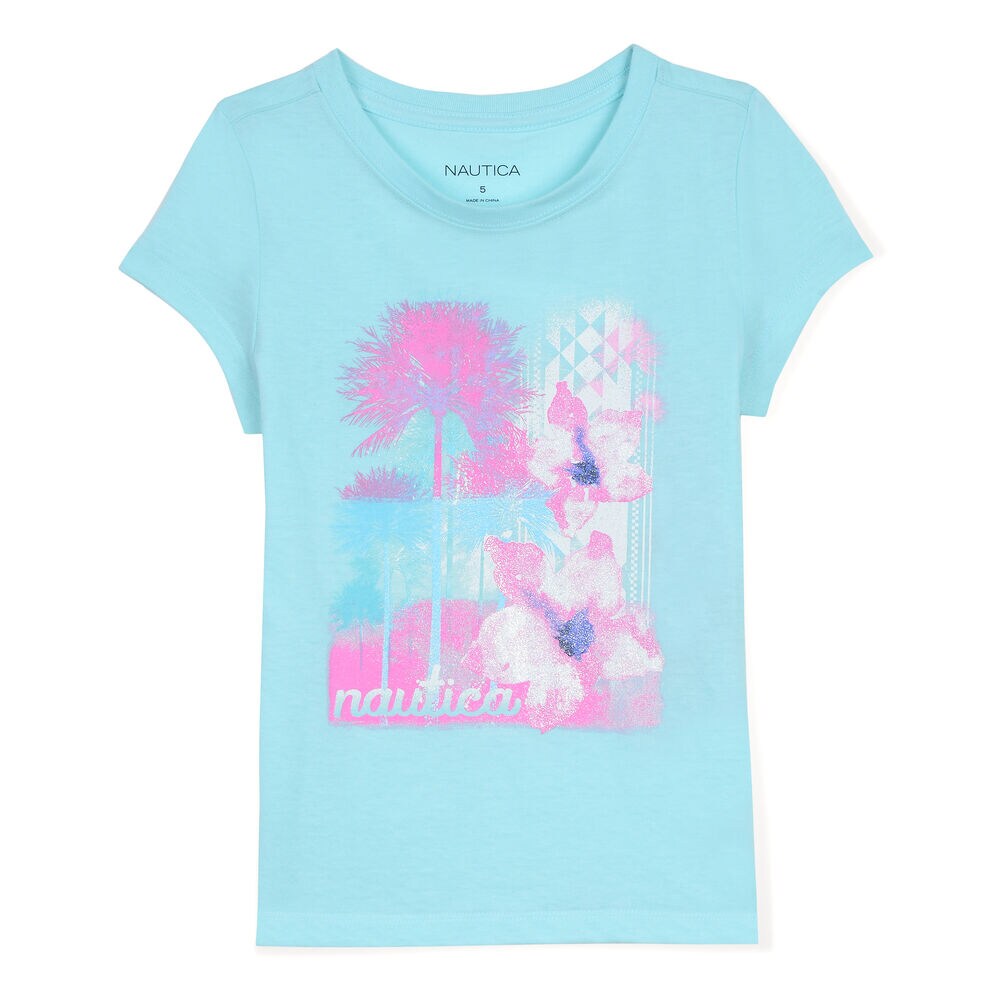 Girls' Floral & Palm Graphic Tee,Aquadream,large