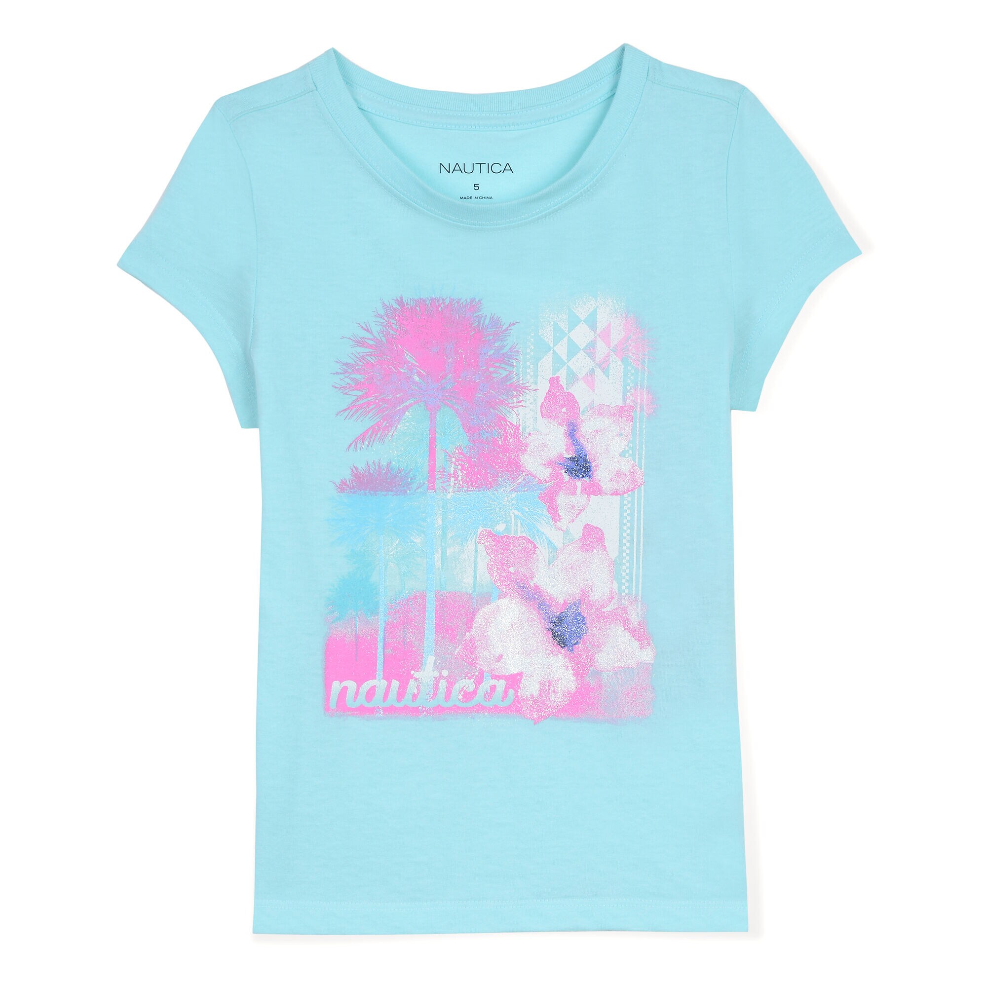 Girls' Floral & Palm Graphic Tee,Aquadream,large