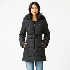 FAUX FUR TRIM HOODED BELTED PUFFER COAT,True Black,large