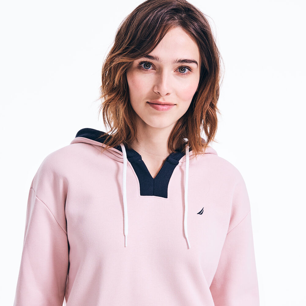 SPLIT NECK PULLOVER HOODIE,New Pink,large