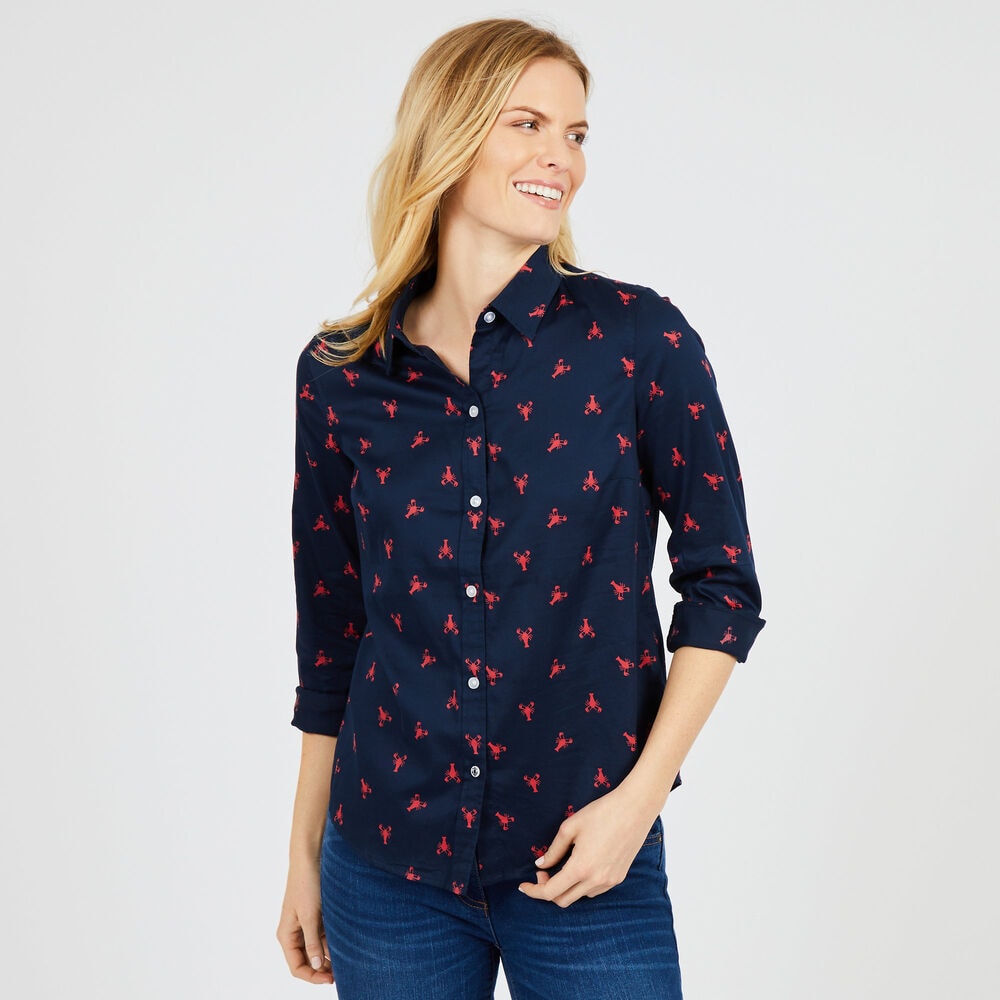 Allover Lobster Print Button-Down Shirt,Stellar Blue Heather,large