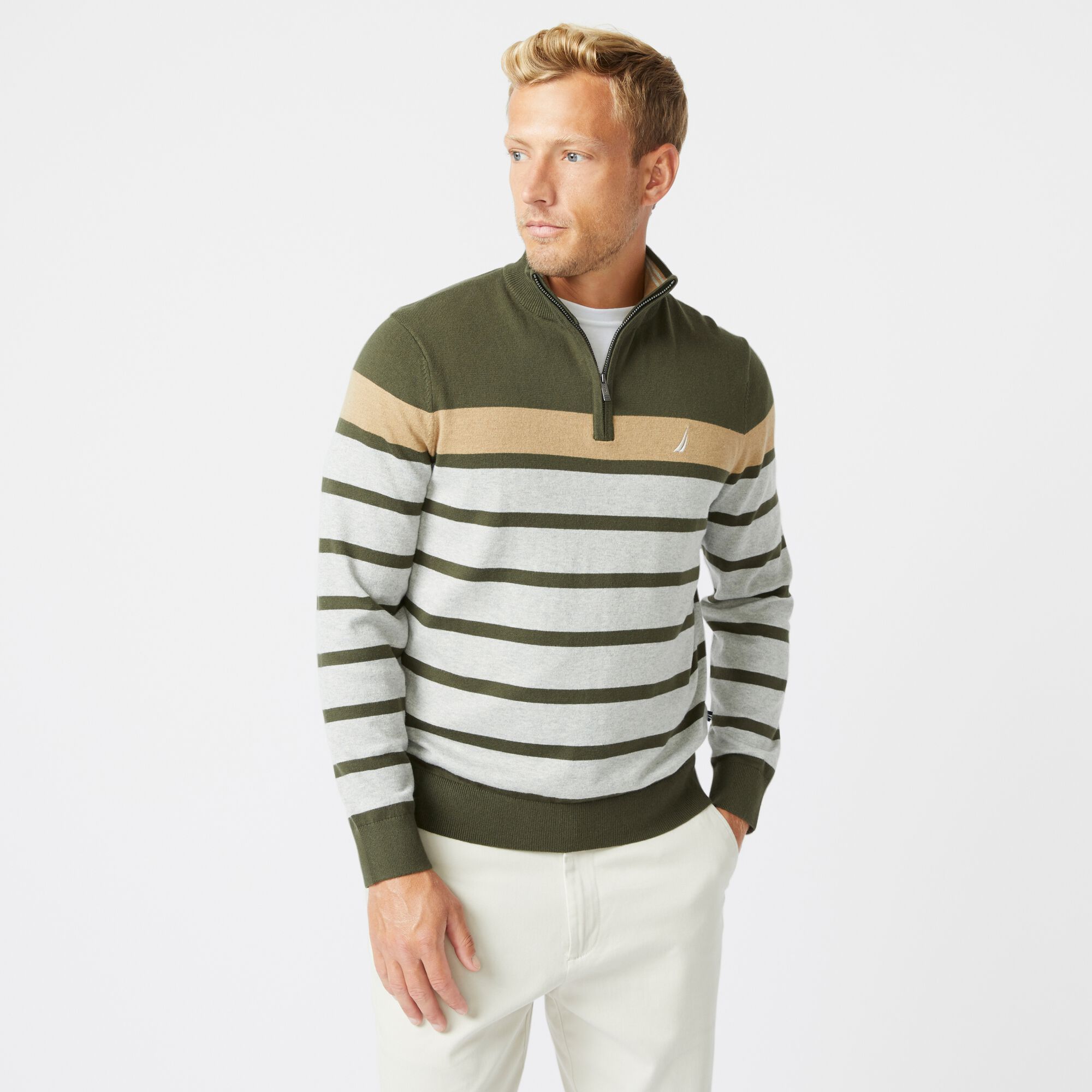 NAVTECH COLORBLOCK-STRIPED QUARTER-ZIP SWEATER,Olive,large