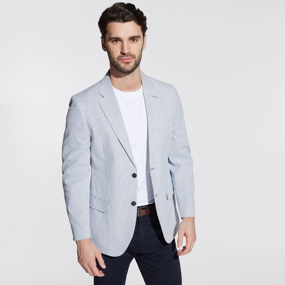 Brielle Stretch Seersucker Jacket in Stripe,Workshirt Blue,large