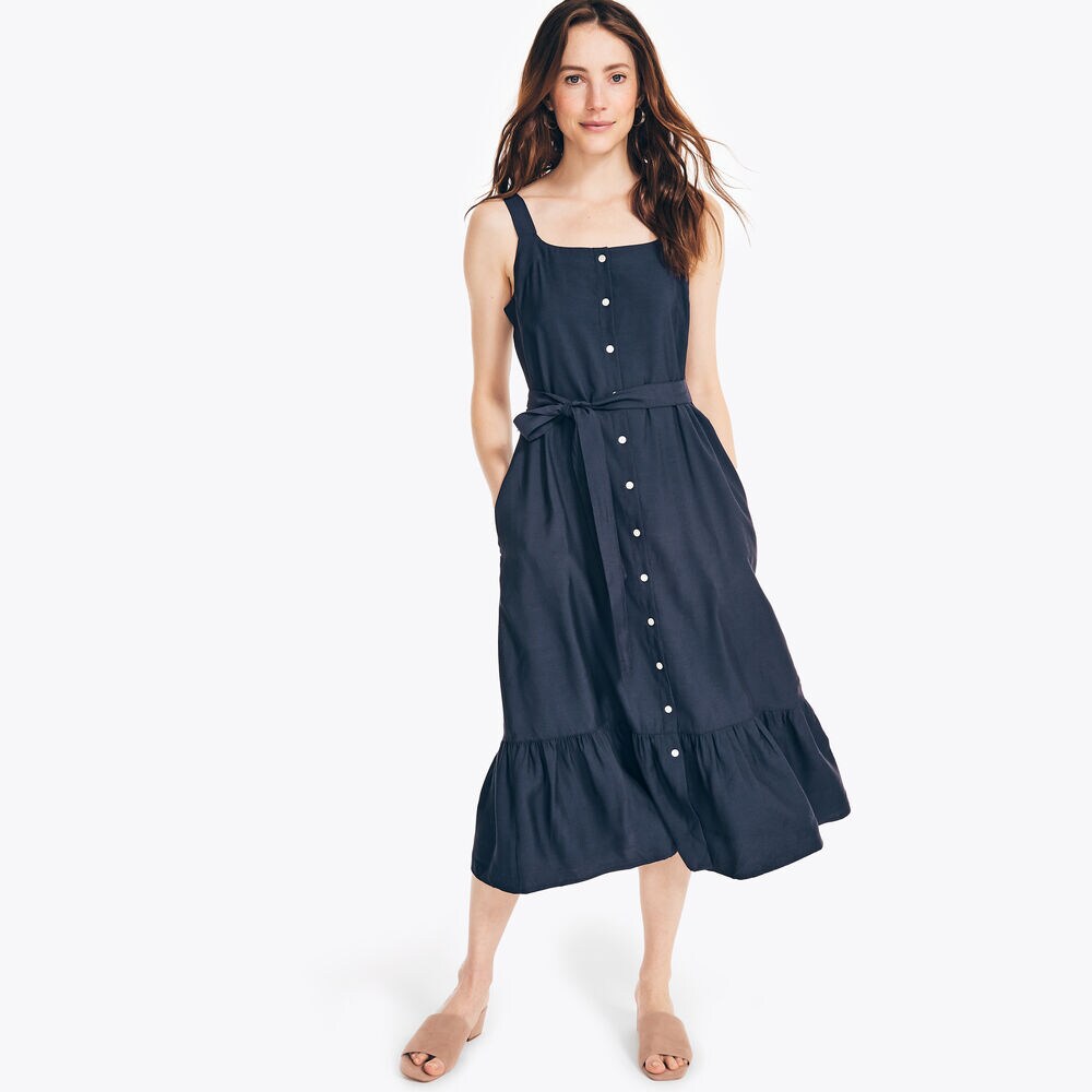 SUSTAINABLY CRAFTED SLEEVELESS BUTTON-DOWN DRESS,Stellar Blue Heather,large