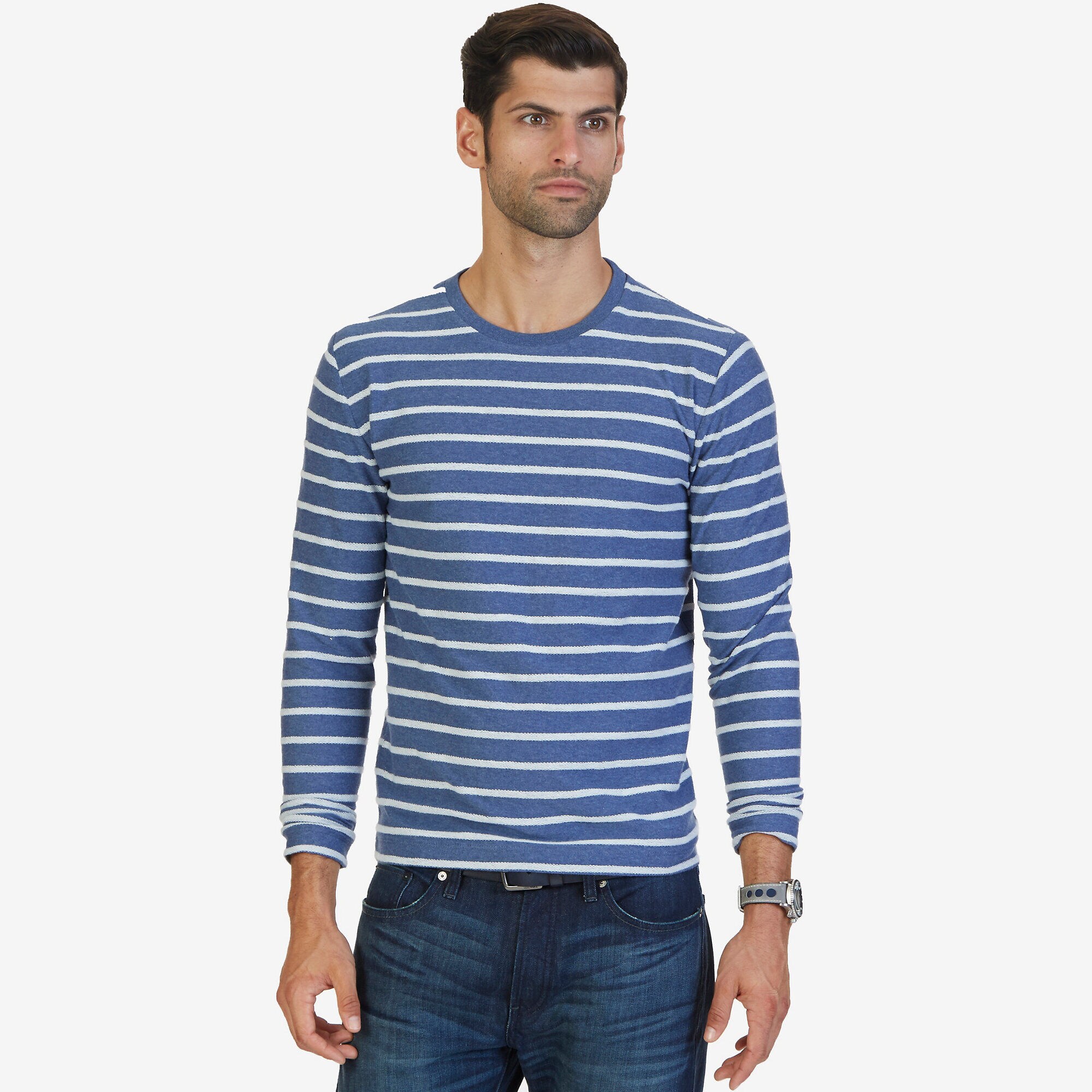 Striped French Terry Crewneck ,Blue Indigo Heather,large