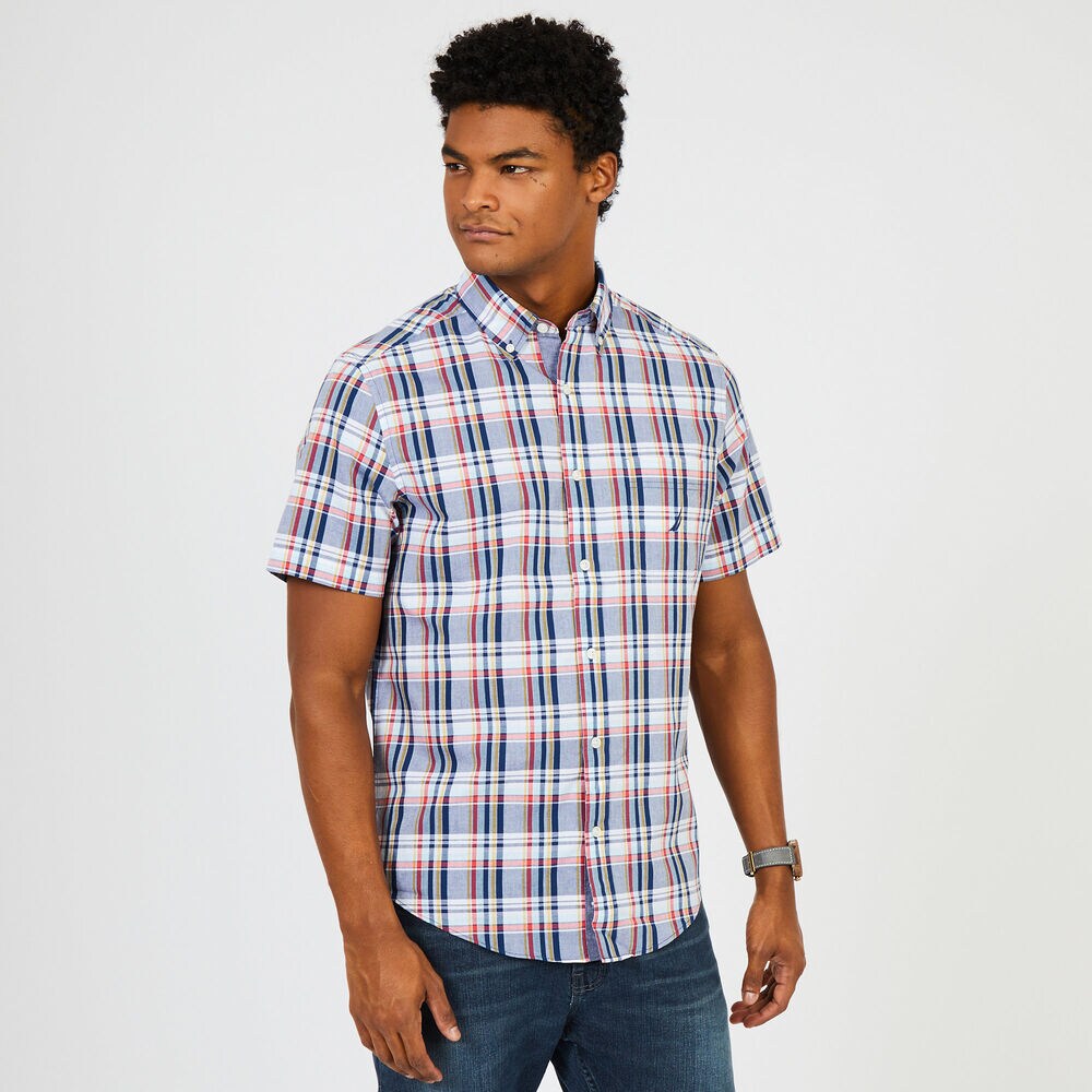 Madras Plaid Short Sleeve Button-Down Shirt  ,J Navy,large