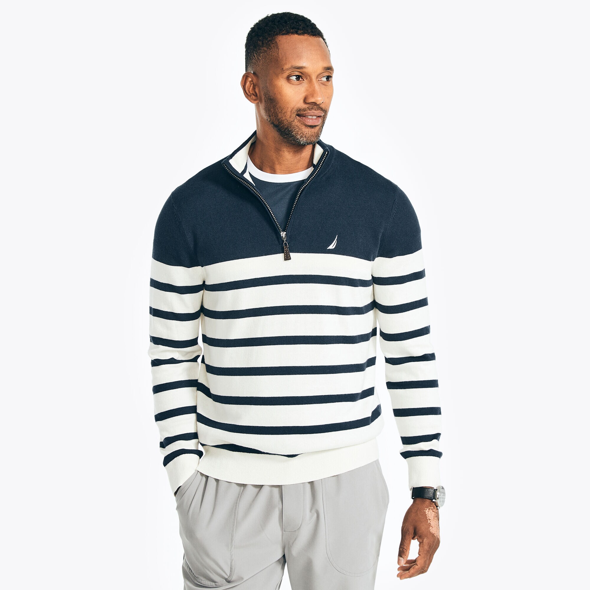 NAVTECH STRIPED QUARTER-ZIP SWEATER,Navy,large