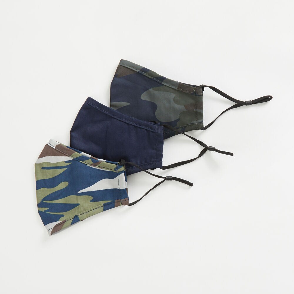 CAMOUFLAGE PRINT AND SOLID REUSABLE FACE MASK, 3 PACK,Multi,large