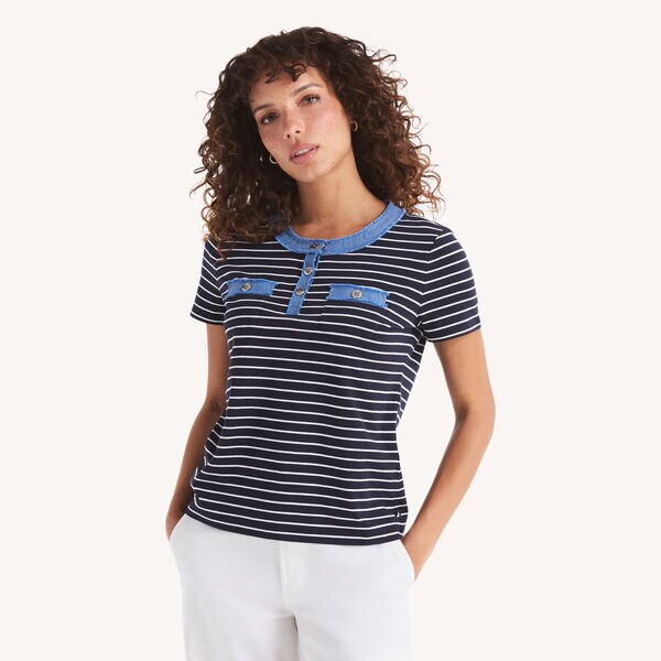 Striped Denim-Trimmed Henley