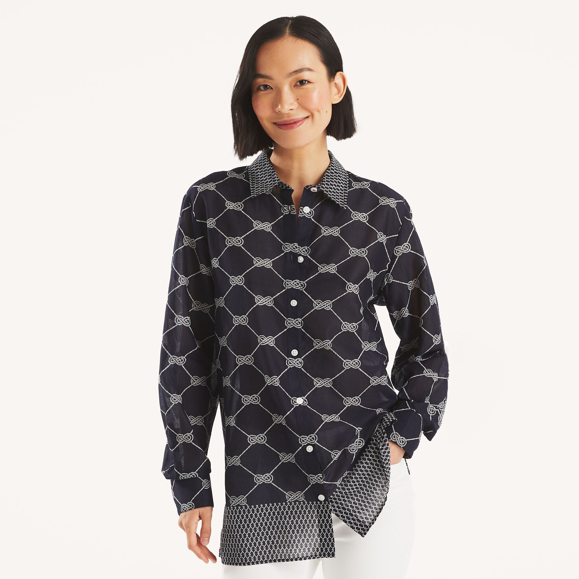 Printed Button-Up Shirt,Navy,large