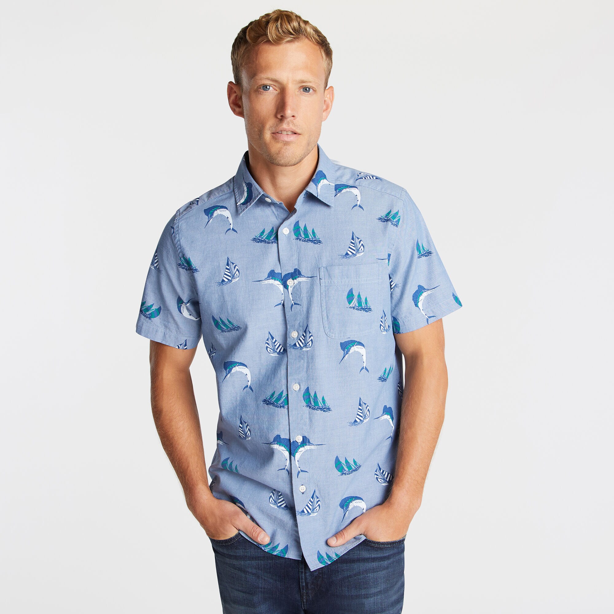 CLASSIC FIT SHORT SLEEVE CHAMBRAY SHIRT IN NAUTICAL PRINT,Riviera Blue,large